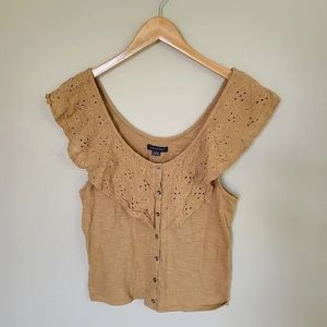 American Eagle Women's Eyelet Crochet Ruffled Button Down Crop Top Tan Medium